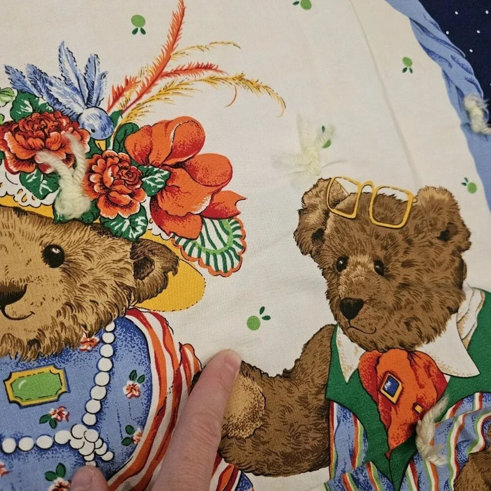 VTG 90s Teddy Bear Baby Quilt Blanket‎ Family Tea Party Blue